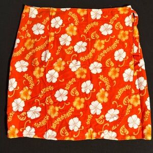 Hawaiian Pace Y2K Floral Wrap Skirt Orange Tropical Hibiscus Rayon